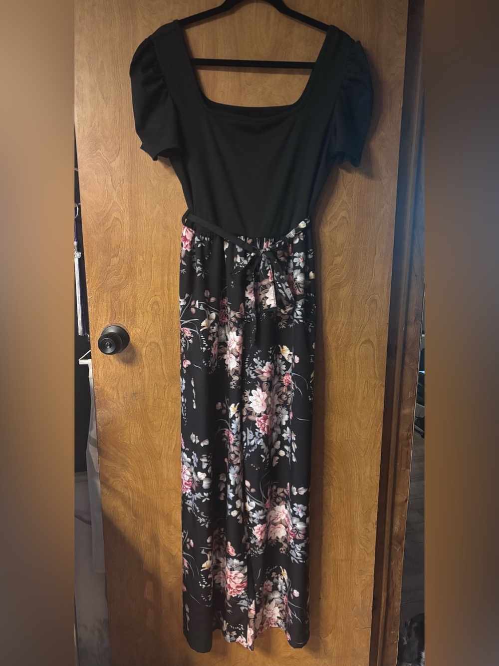 Floral Black Maxi Dress with Puff Sleeve and Waist Tie